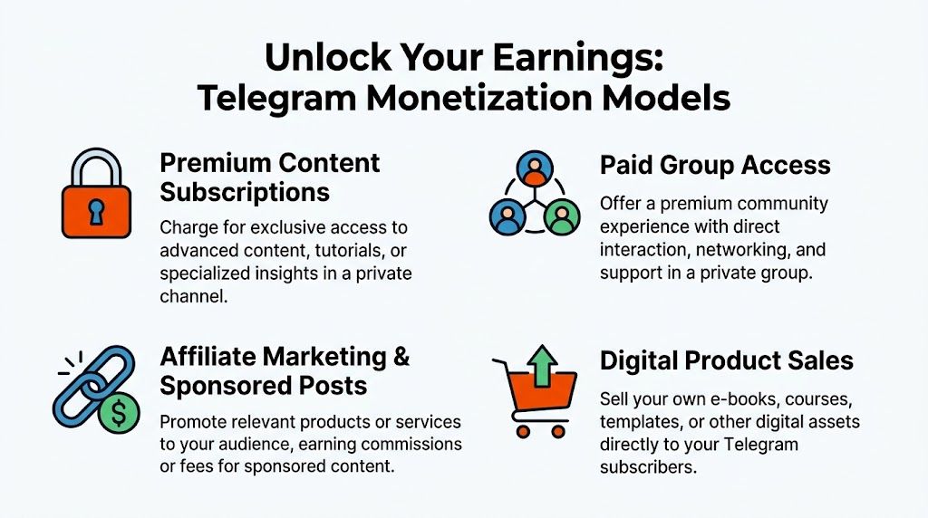 Eine Infografik, die vier Wege zeigt, mit Telegram Geld zu verdienen – über unterschiedliche Monetarisierungsstrategien.