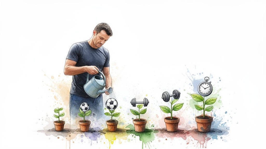 Man die planten water geeft die groei symboliseren in sport, fitness en tijdsbeheer.