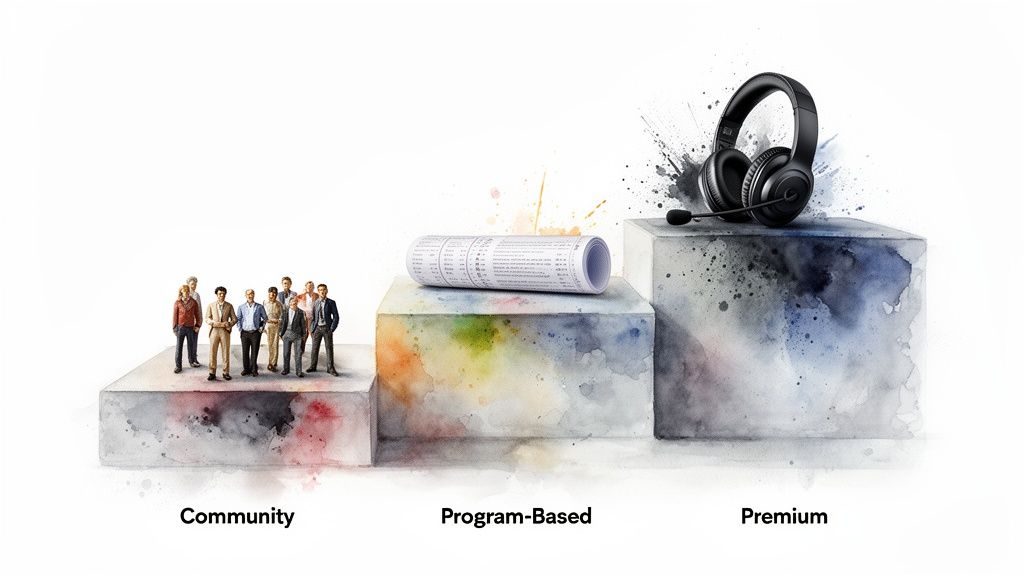 Drie niveaus die Community-, Programmagerichte- en Premium-serviceniveaus voorstellen met mensen, een document en een headset.