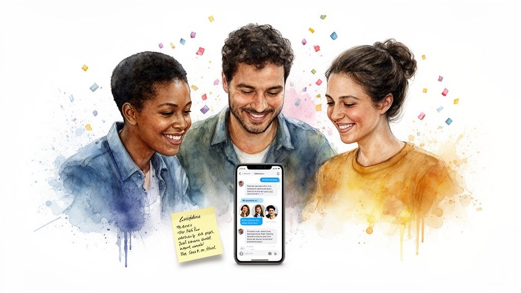 Drie diverse vrienden glimlachen terwijl ze naar een smartphone met een chat-app kijken, omringd door confetti.