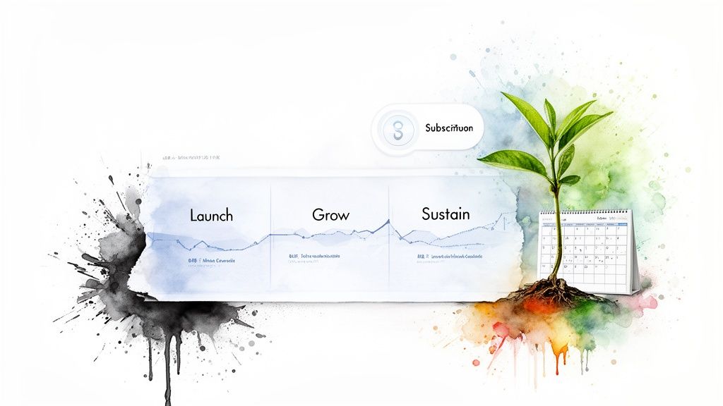 Diagram dat een groeicyclus toont met de fasen Launch, Grow en Sustain, een lijn, een plant en een kalender.
