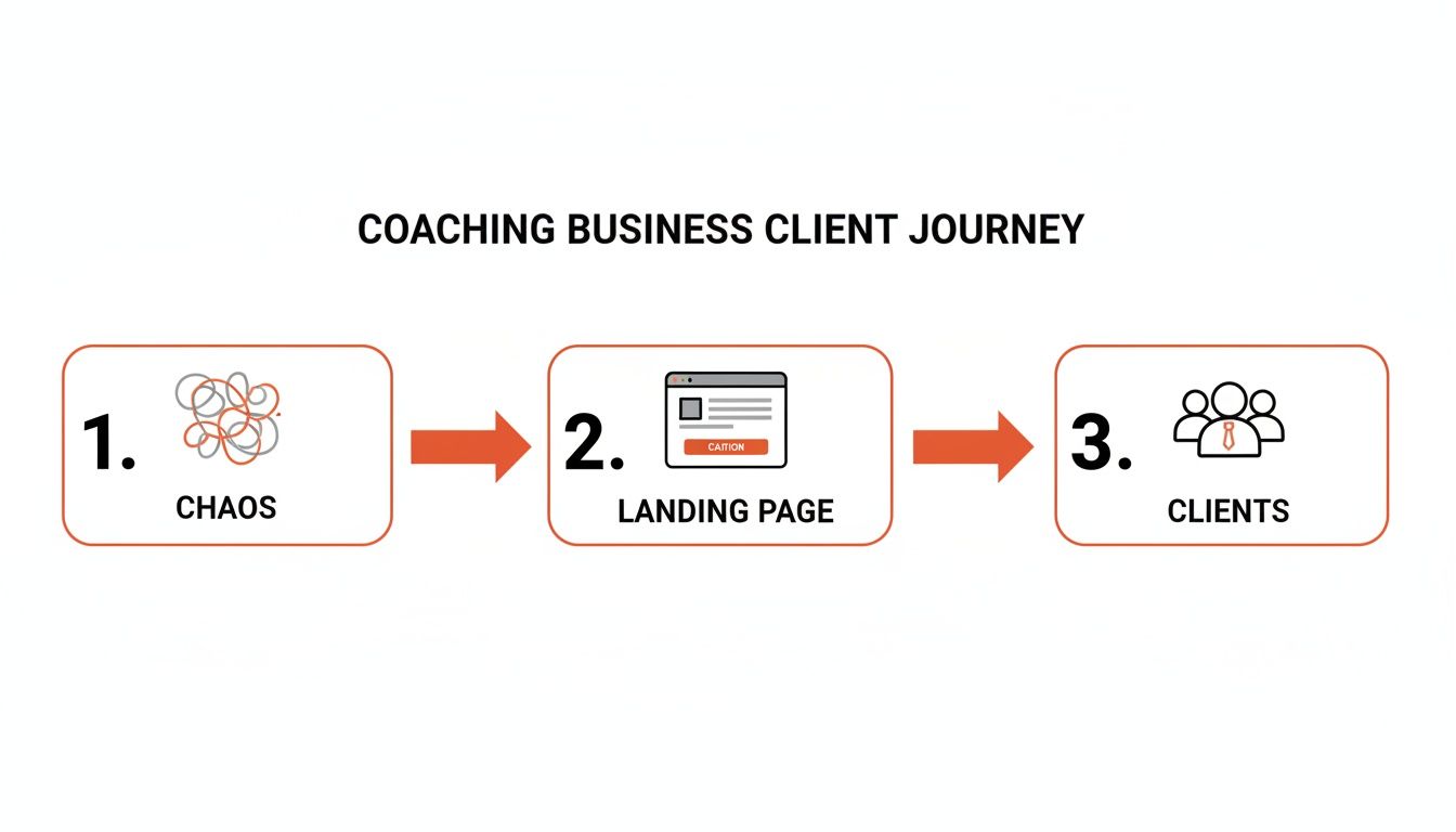 Un diagrama de viaje del cliente de coaching de tres pasos mostrando el caos hacia los clientes a través de una página de aterrizaje.