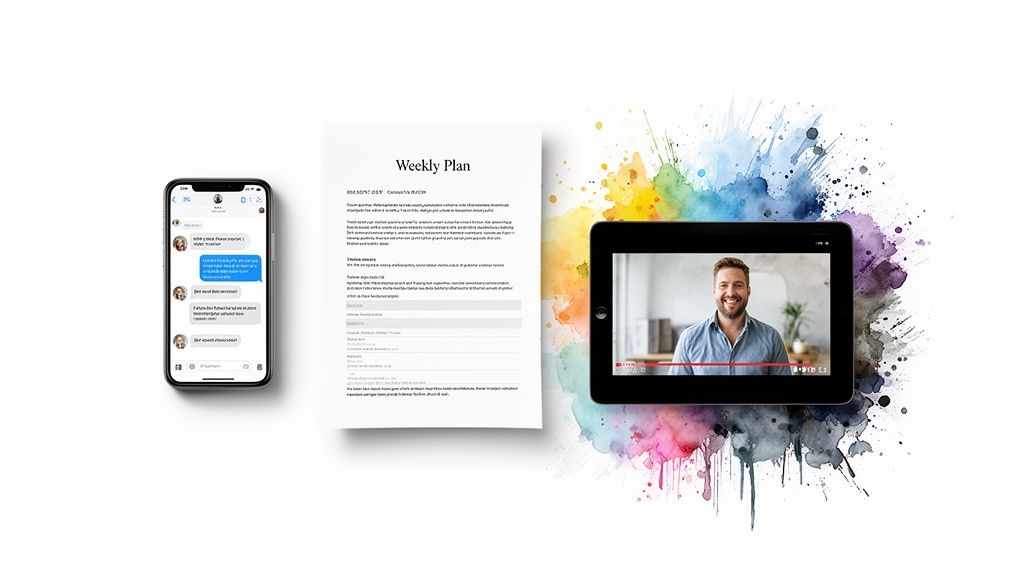 Esenciales de coaching: chat de smartphone, plan semanal y videollamada con un coach feliz.
