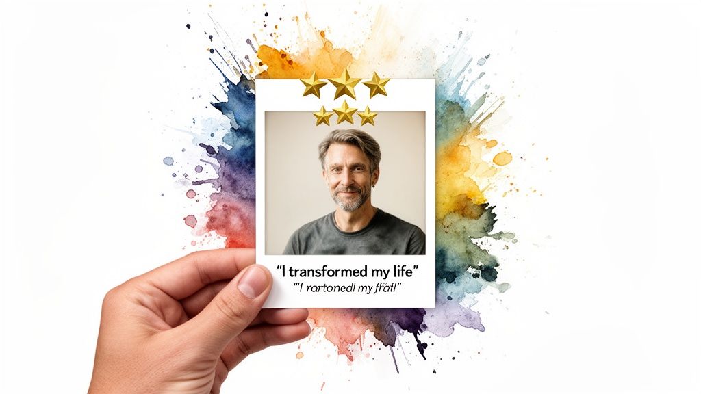 Mano sosteniendo una foto de testimonio de cliente de 5 estrellas de un hombre sonriendo, con fondo de acuarela colorida.