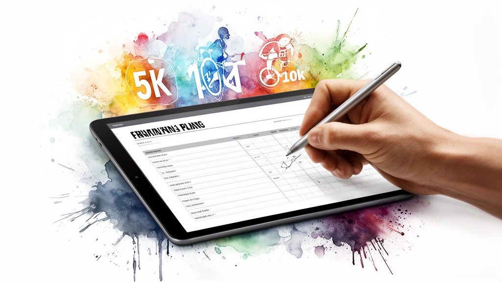 Eine Hand verwendet einen digitalen Stift, um auf einem Tablet-Bildschirm zu schreiben, der einen Trainingsplan-Kalender zeigt.