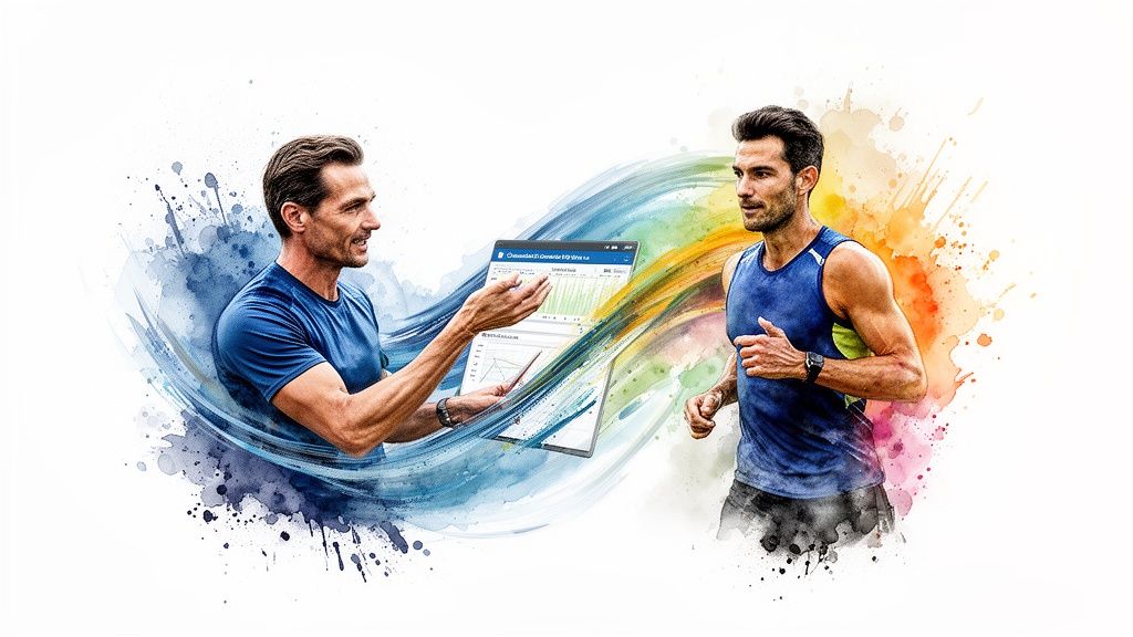 Ein Fitness-Coach erklärt personalisierte Lauf-Trainingspläne auf einem digitalen Tablet einem konzentrierten männlichen Läufer.