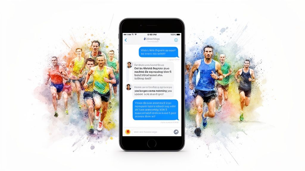 Ein Smartphone zeigt eine Lauf-Coaching-App-Schnittfläche umgeben von abstrakten Aquarell-Illustrationen von Gruppenläufern.