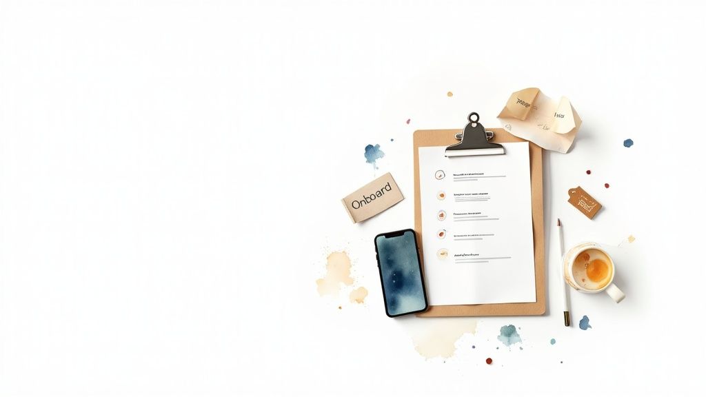 Illustration eines strategischen Plans mit Häkchen und Symbolen, die verschiedene Schritte einer Roadmap darstellen.