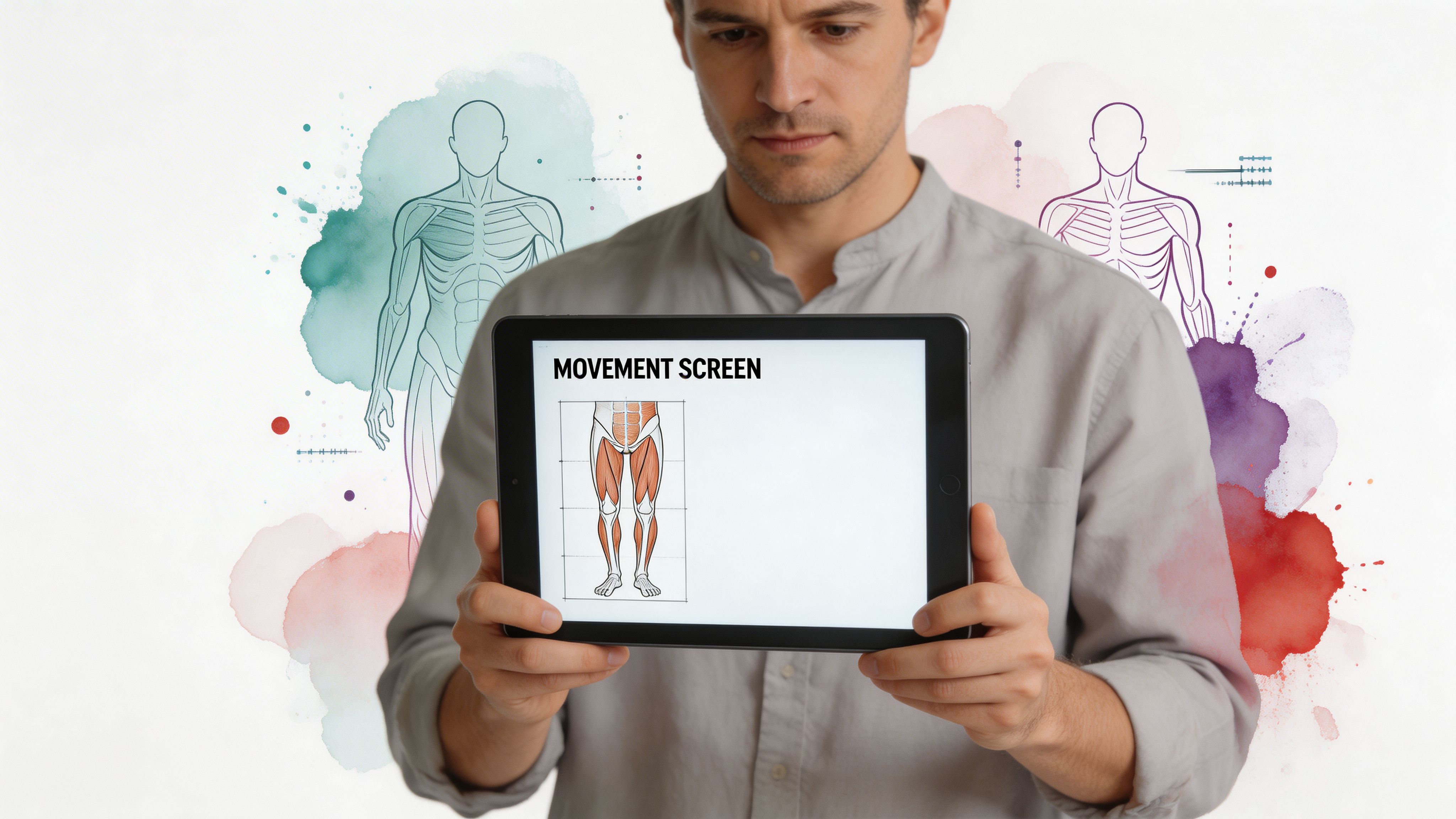 Un uomo professionale che tiene un tablet che mostra un'analisi di screening del movimento medico dei muscoli del corpo inferiore.
