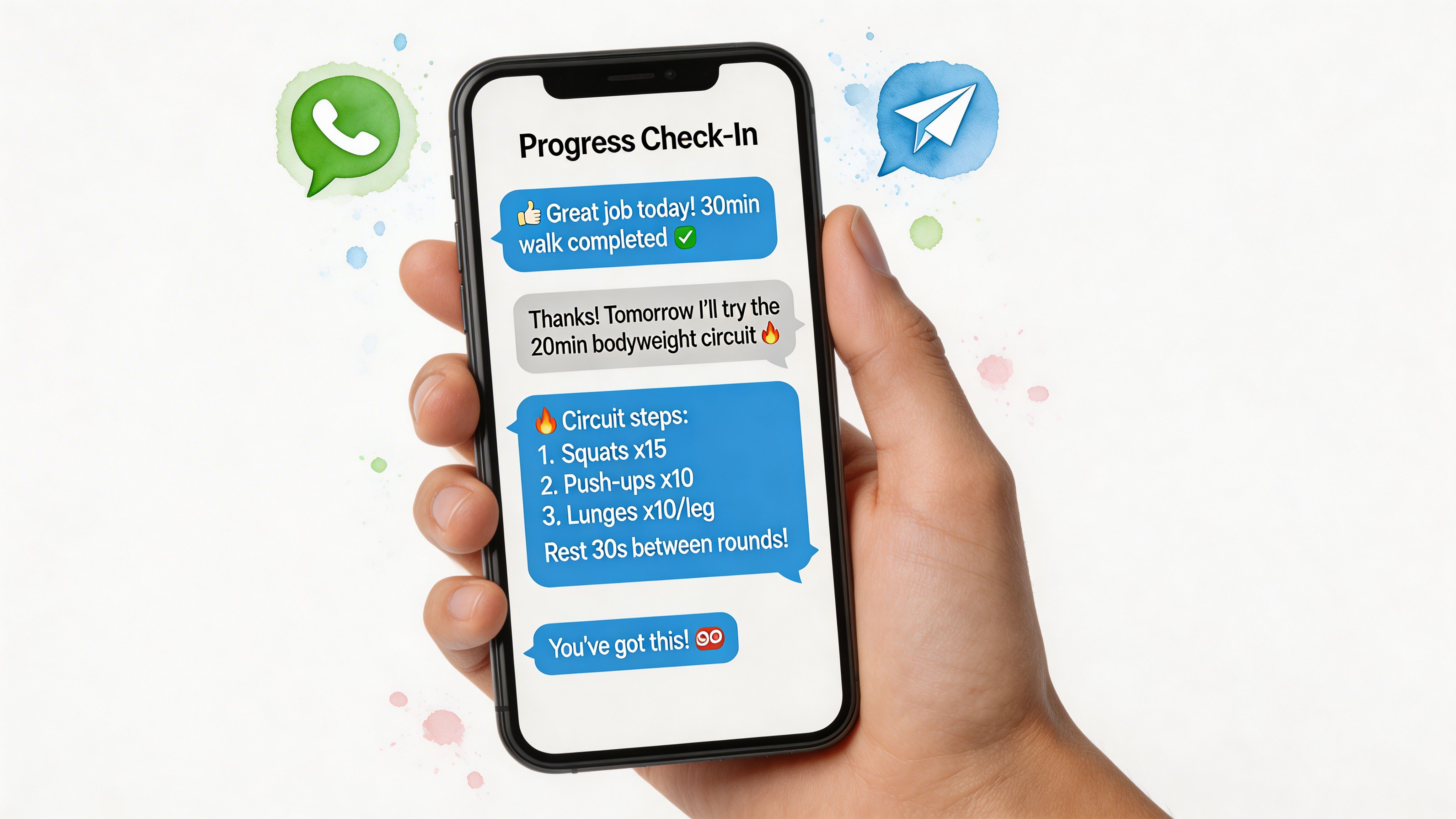 Una mano che tiene uno smartphone che mostra un'interfaccia di chat di progresso fitness con istruzioni di esercizio e incoraggiamento.