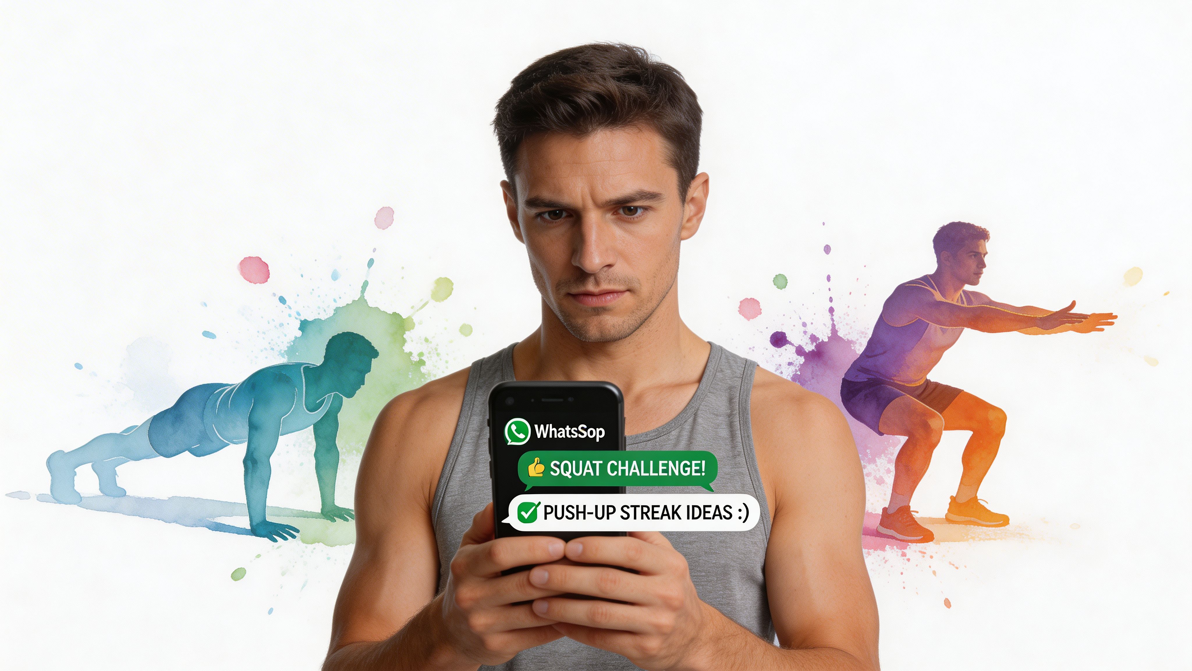 Un uomo concentrato che guarda il suo smartphone che mostra messaggi di sfida fitness mentre appaiono illustrazioni di esercizi ad acquerello dietro di lui.