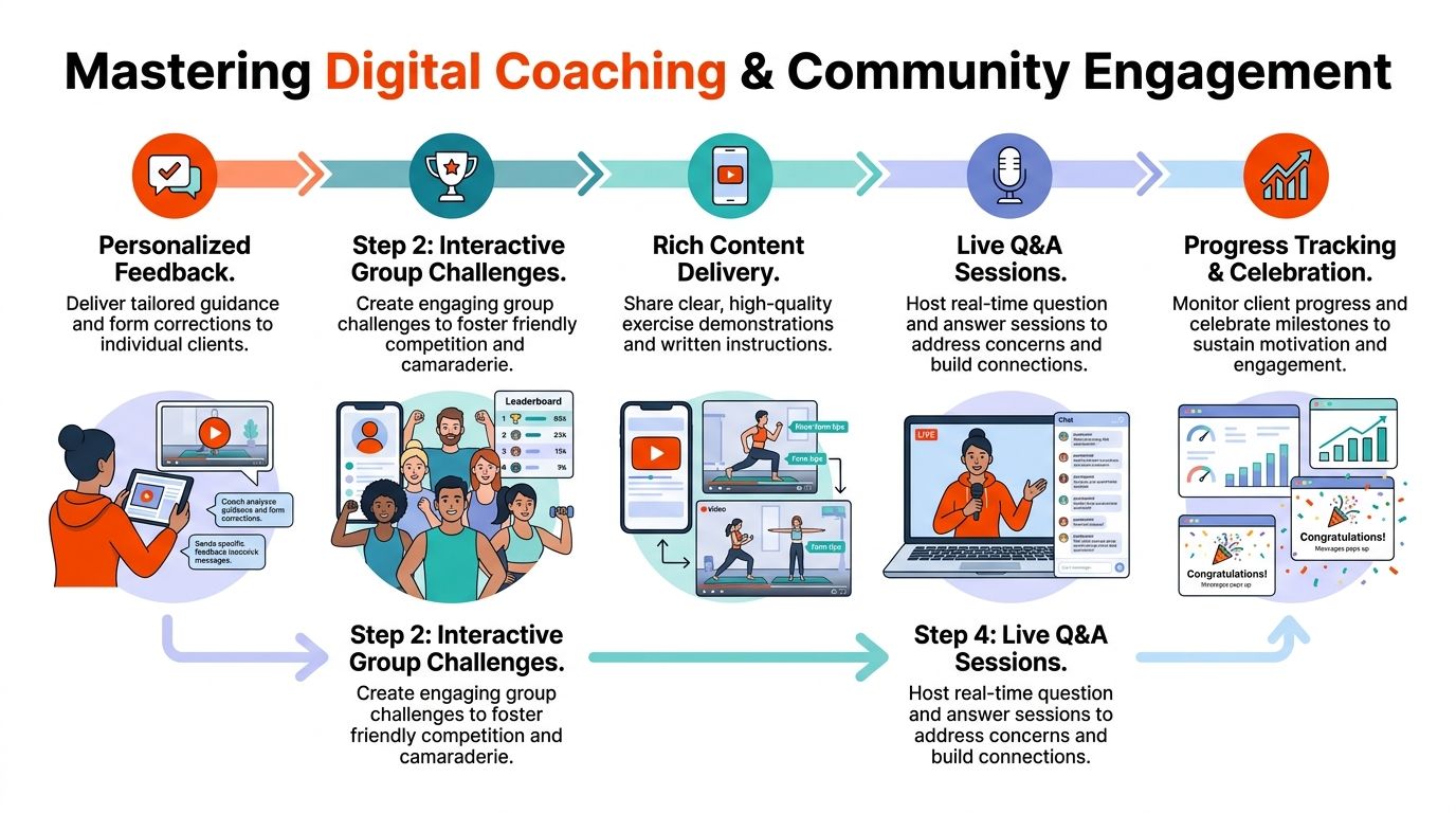 Un'infografica che dettaglia cinque passaggi chiave per padroneggiare il coaching digitale e promuovere efficacemente il coinvolgimento della community online.