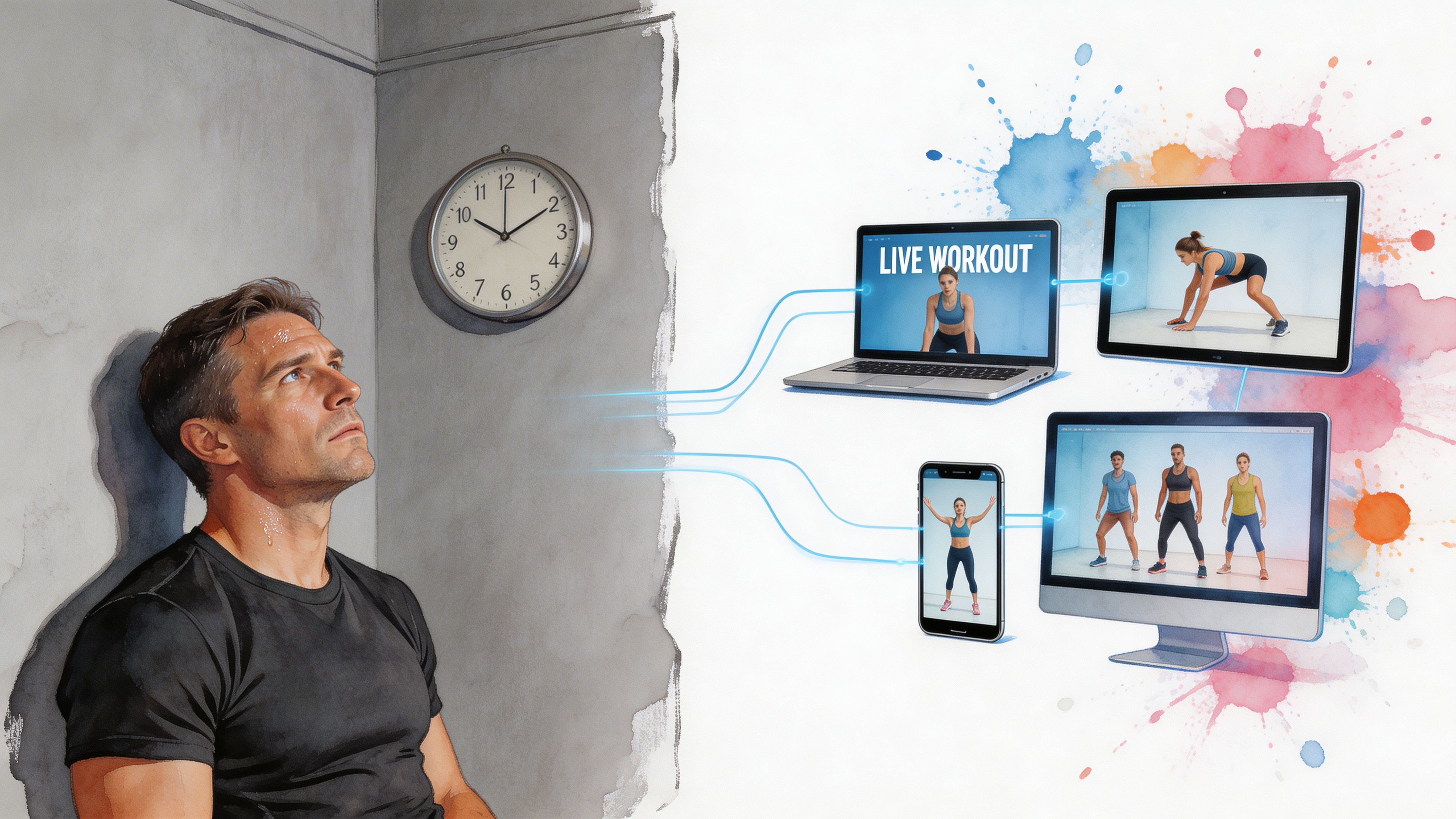 Un uomo sudato riposa contro un muro guardando dispositivi digitali che mostrano classi di allenamento dal vivo.