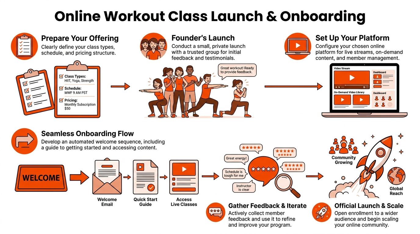 Un'infografica che mostra un processo passo dopo passo per lanciare e integrare membri a un business di classi di allenamento online.