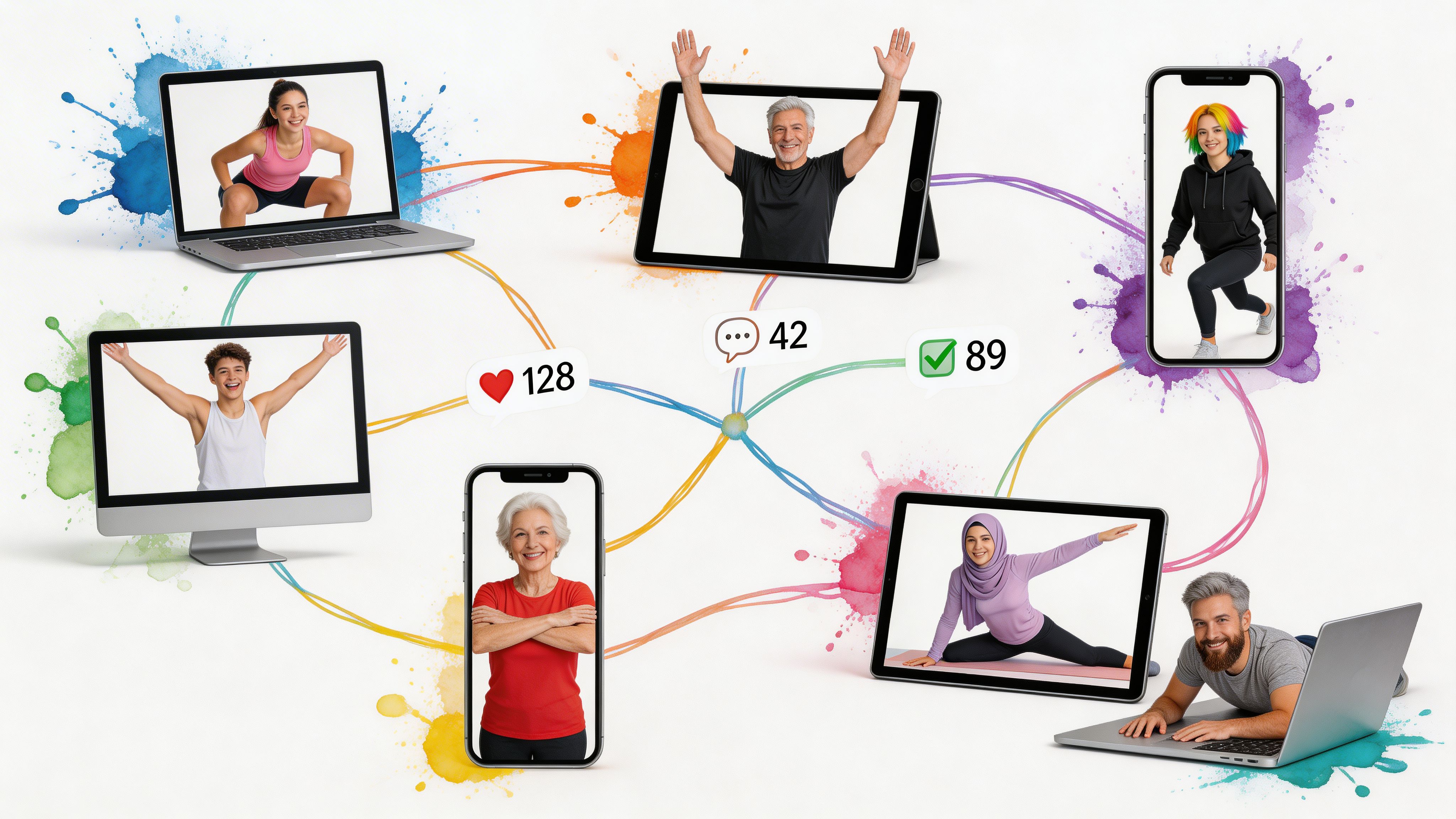 Un collage di persone diverse che partecipano a classi di allenamento online attraverso vari schermi digitali e dispositivi mobili.