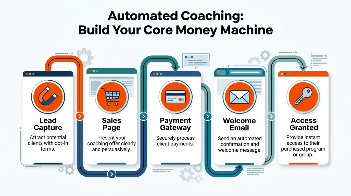 Un diagramme illustrant les cinq étapes du flux de travail de la machine à argent d'un business de coaching automatisé.