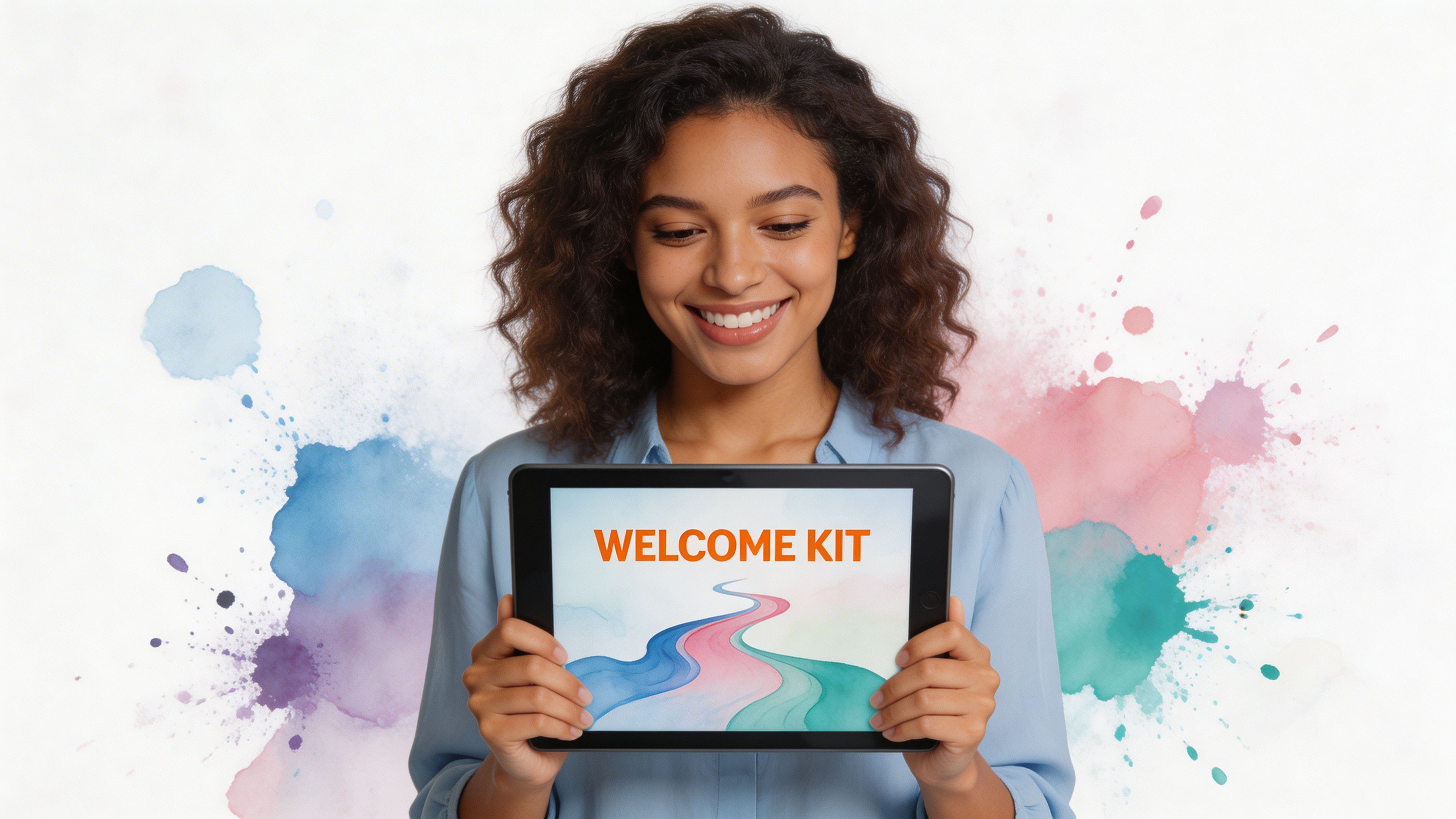Une femme souriante tenant une tablette affichant un graphique Kit de bienvenue avec des éléments d'arrière-plan aquarelle abstraits.