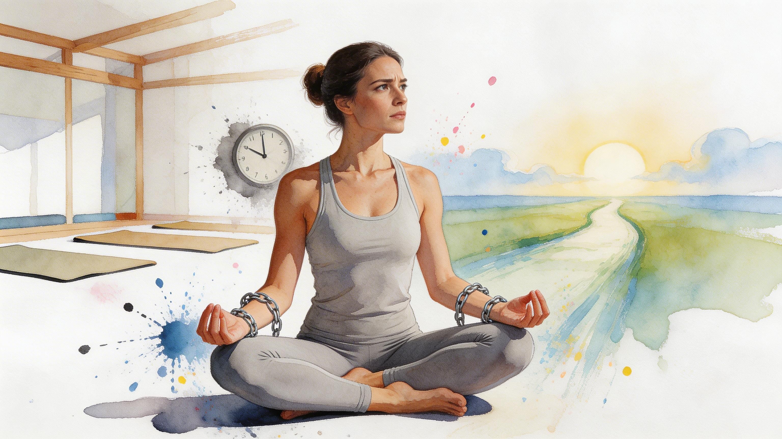 A watercolor illustration of a woman in yoga attire wearing chains, meditating near a clock and landscape.