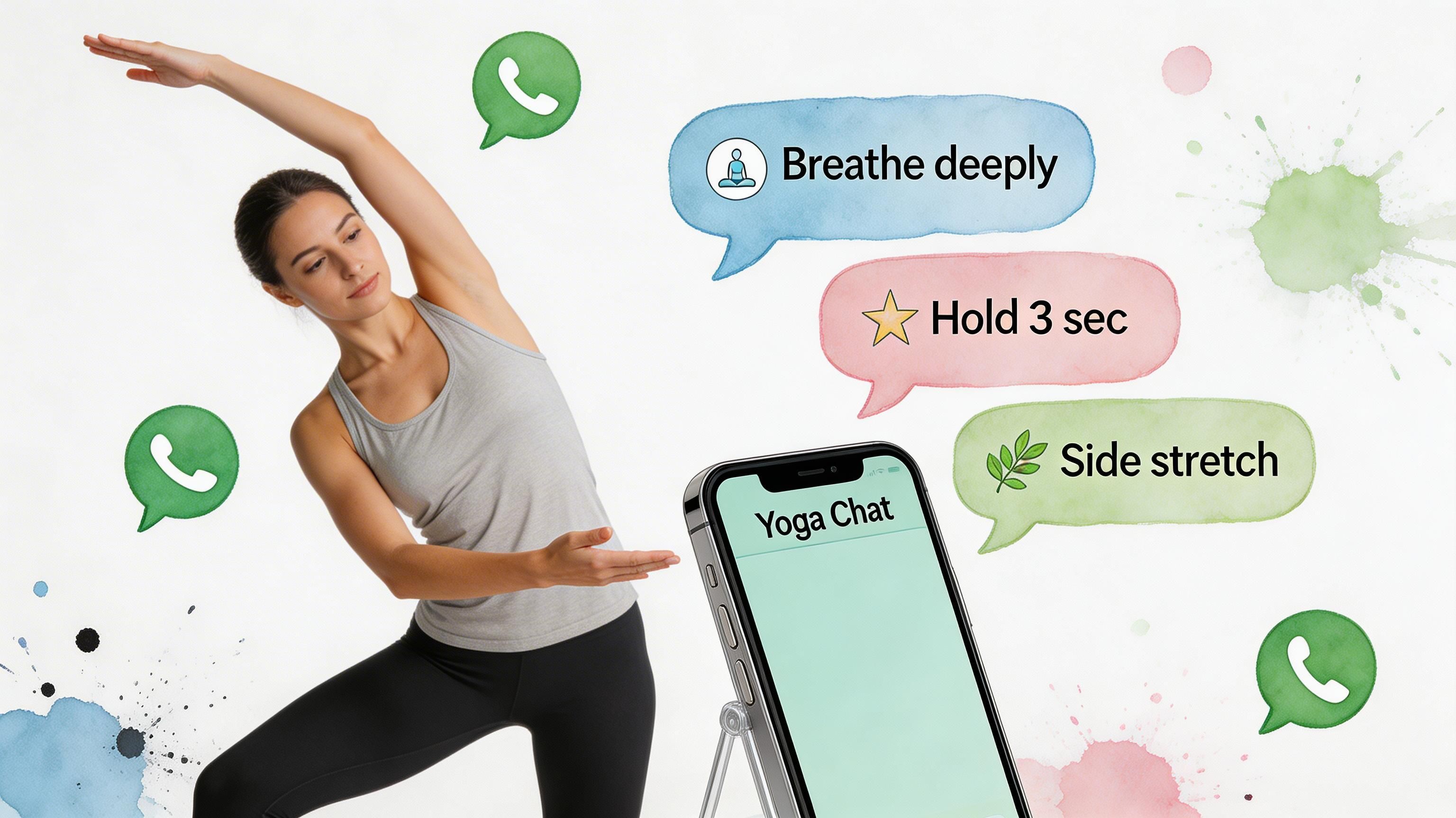 A woman practicing yoga with virtual chat bubbles showing instructions like breathe deeply and hold pose.