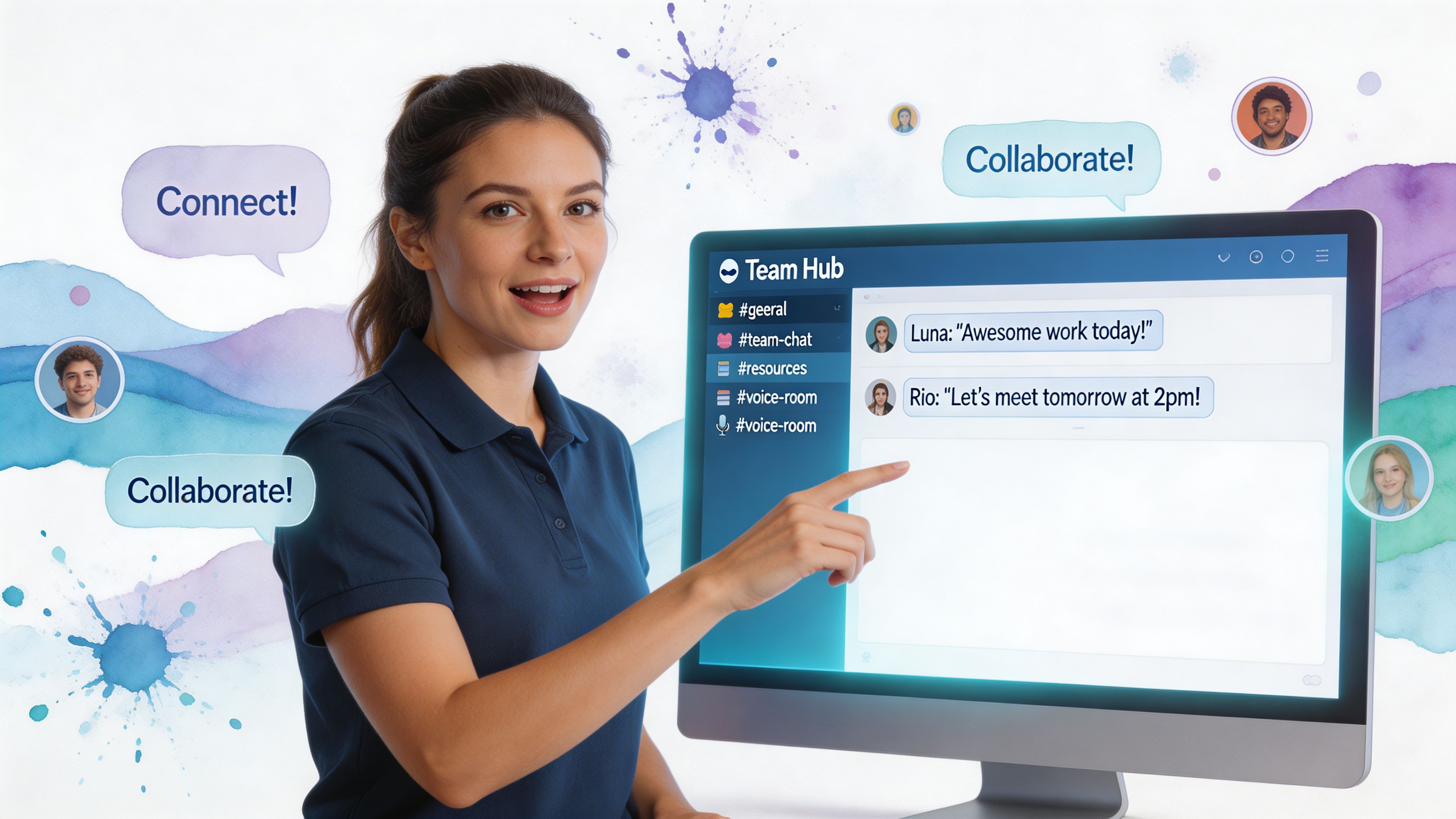 Una donna sorridente che indica lo schermo di un computer che mostra un'interfaccia di comunicazione di team con canali chat.