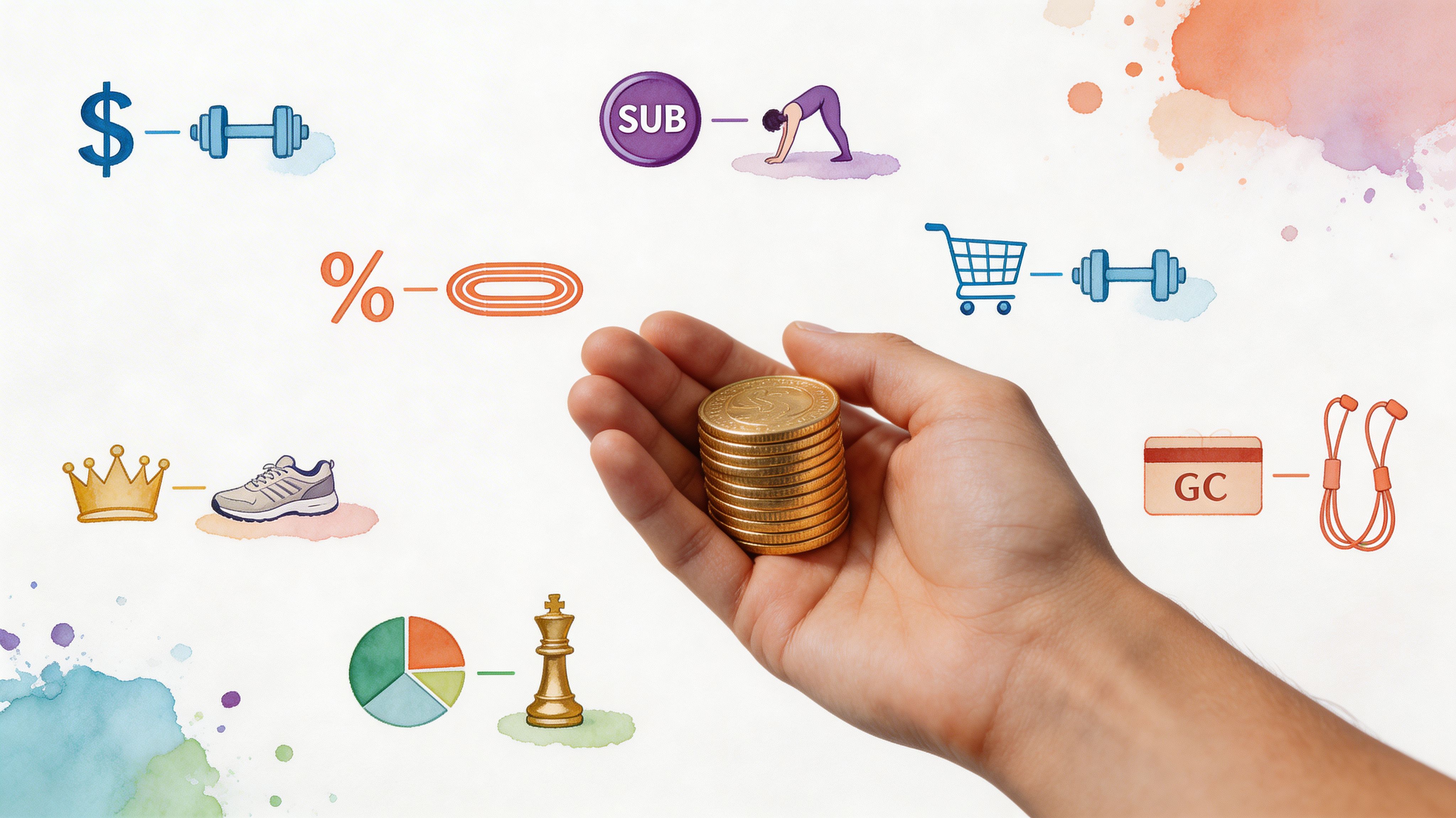 Una mano che tiene una pila di monete d'oro circondata da illustrazioni di icone di fitness e benessere finanziario.