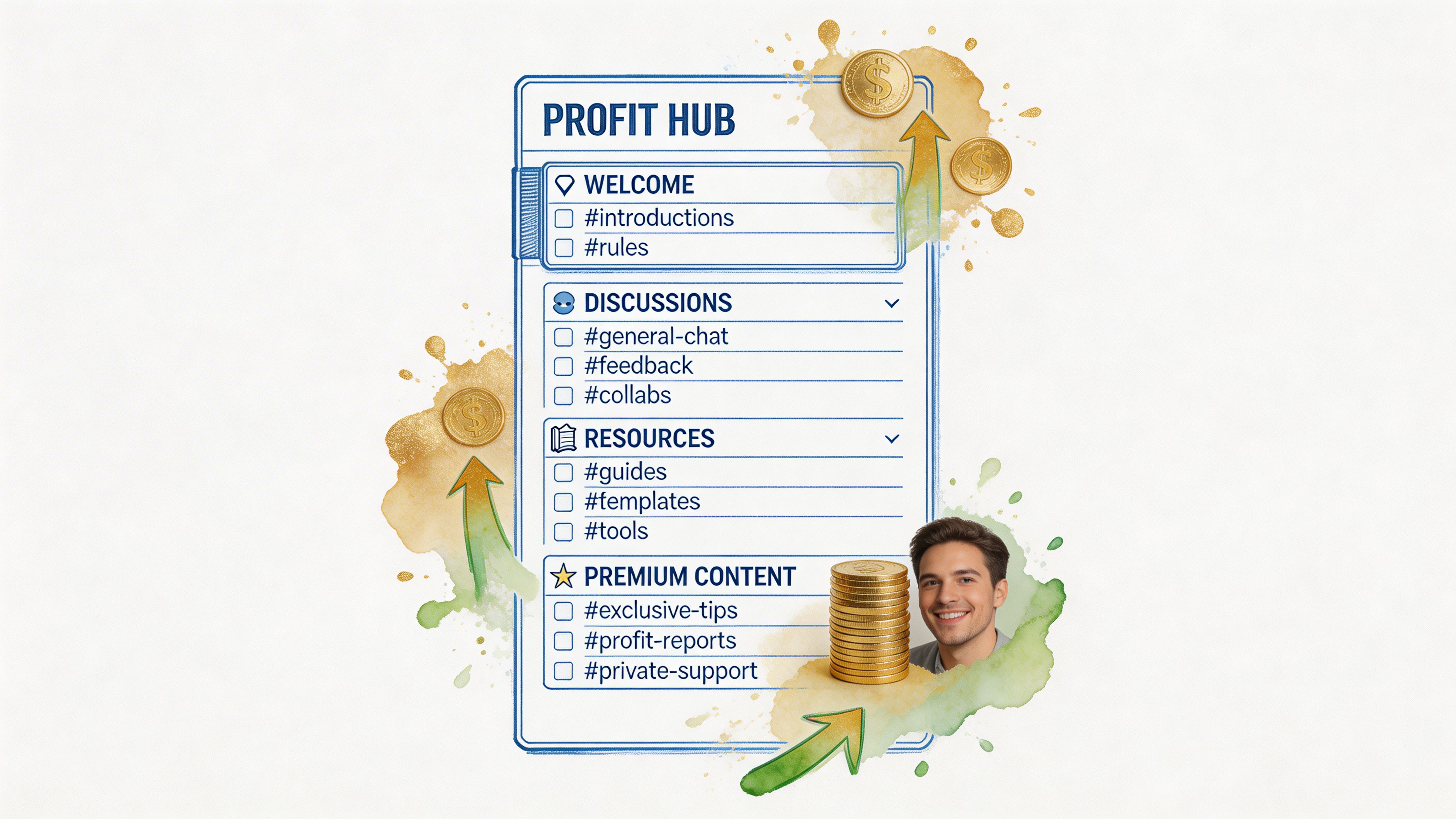 Un design grafico che rappresenta una community Profit Hub con categorie di canali e un uomo sorridente.