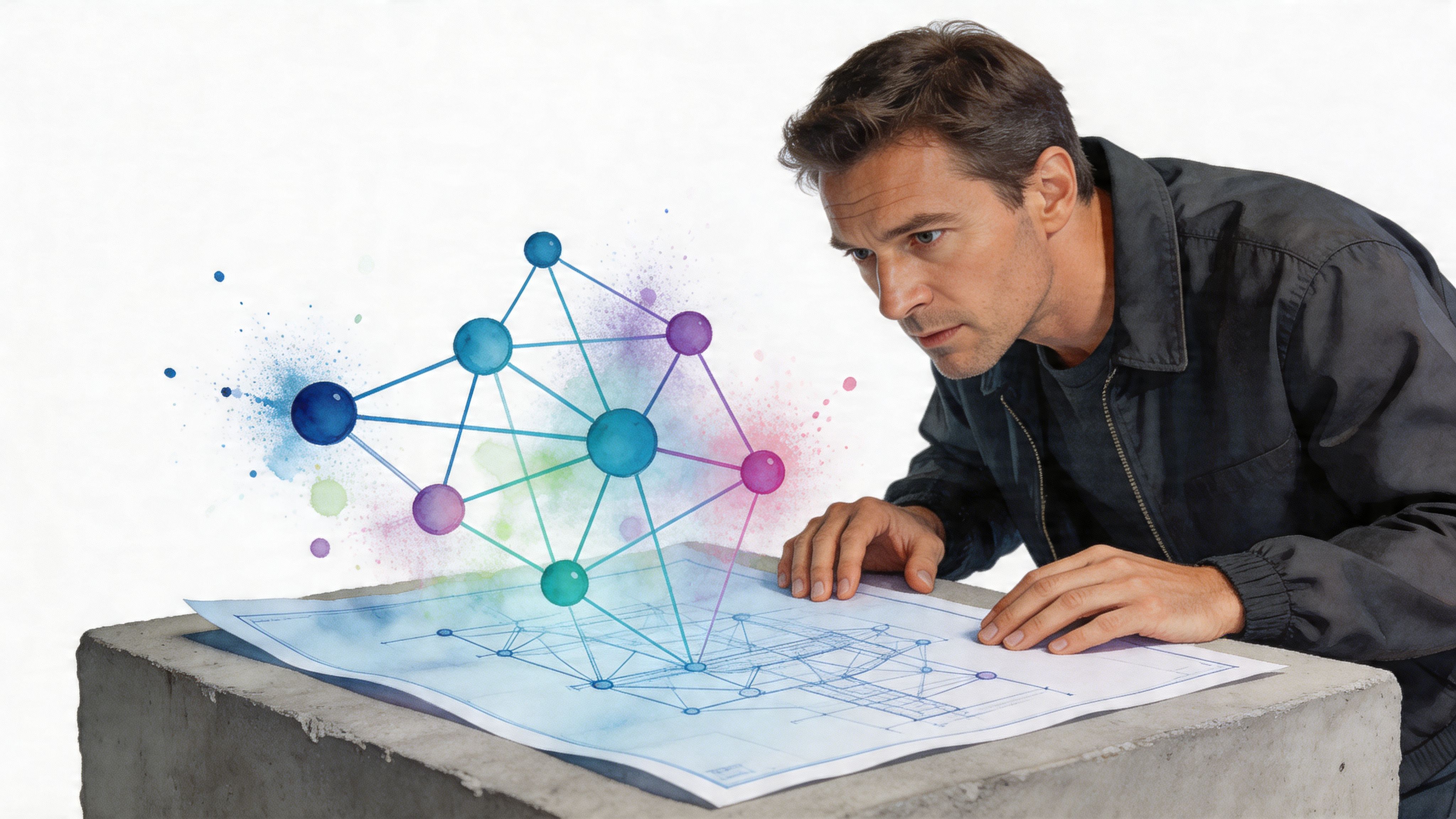 A man intensely examines a 3D digital projection of a network structure emerging from a paper blueprint.