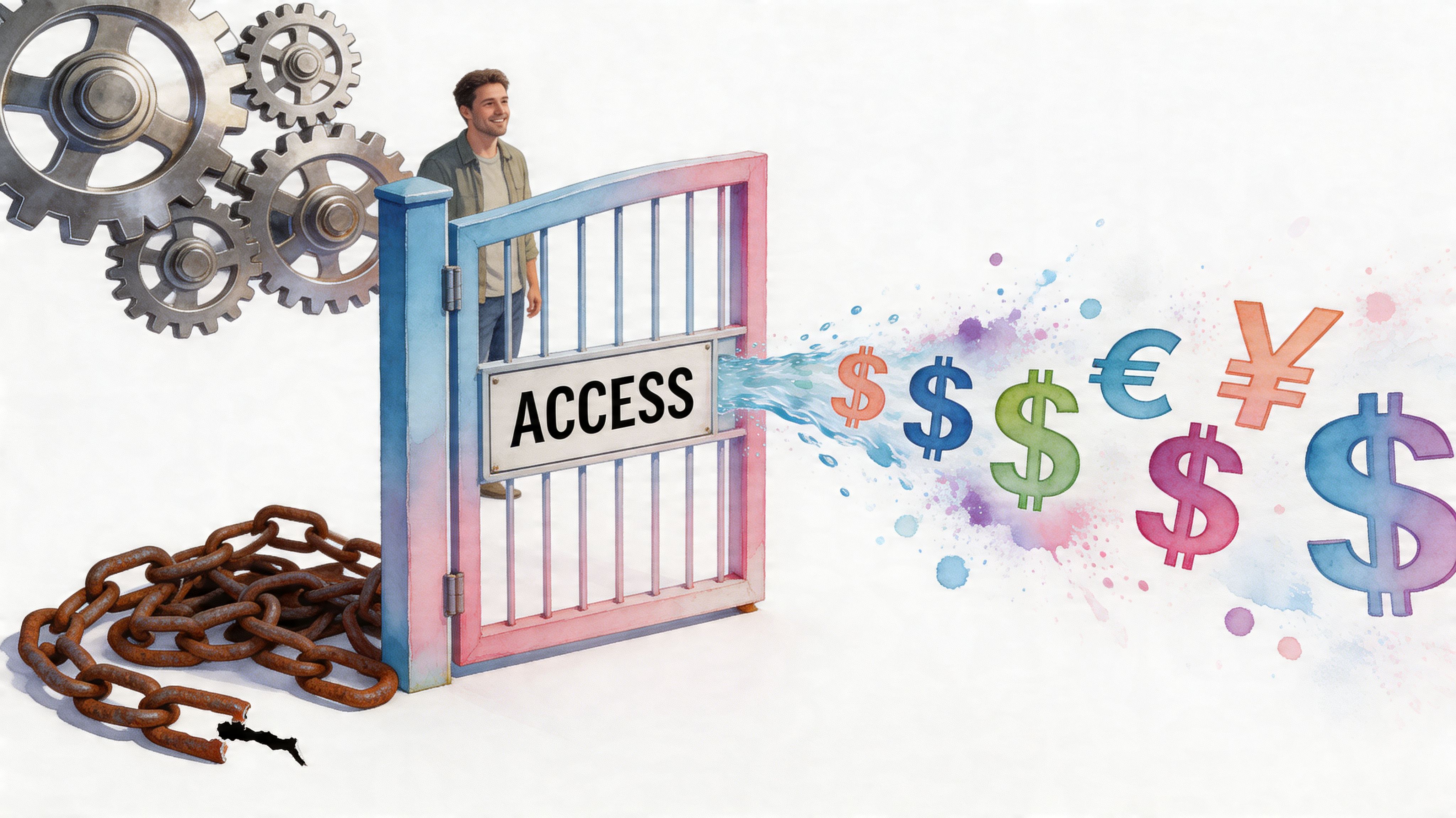 A man standing behind an open gate labeled Access, with colorful currency symbols flowing out like water.