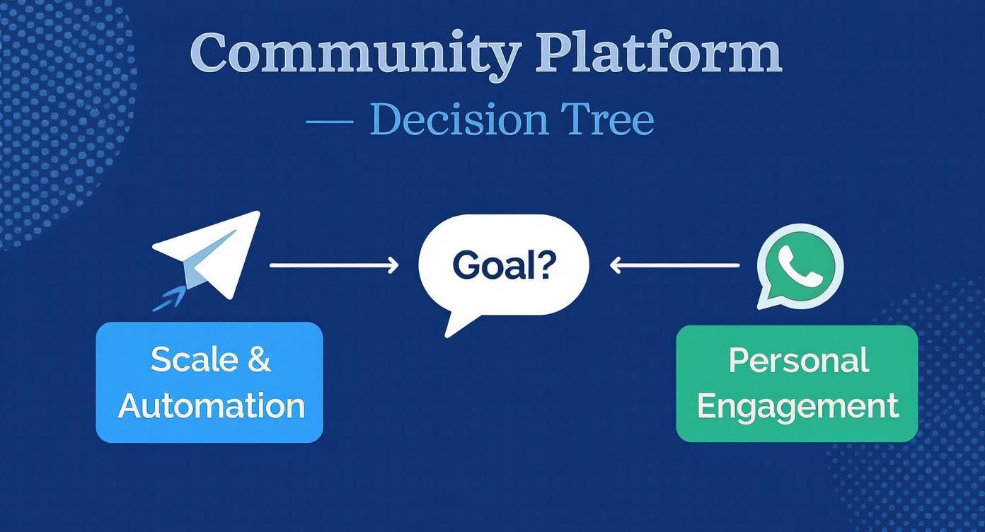 Beslisboom die Telegram en WhatsApp vergelijkt voor betaalde communities