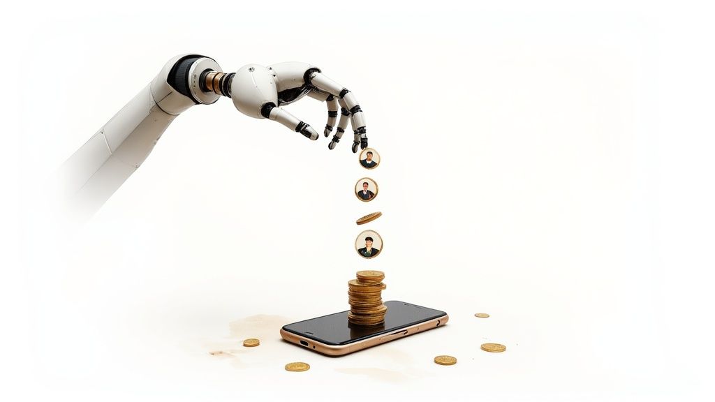 Robotarm die munten op een smartphone laat vallen