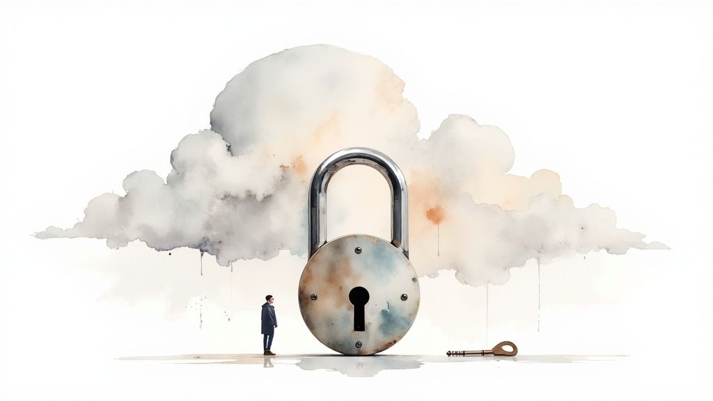 Watercolor illustration of businessman standing before large padlock and key representing cloud security concept