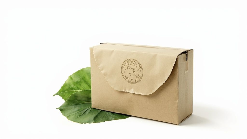 Caja de embalaje de papel kraft ecológico con hojas verdes sobre fondo blanco en un diseño sostenible