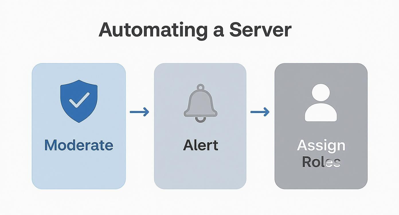 Dreistufiges Workflow-Diagramm zur Server-Automatisierung: moderieren, alarmieren und Rollen zuweisen