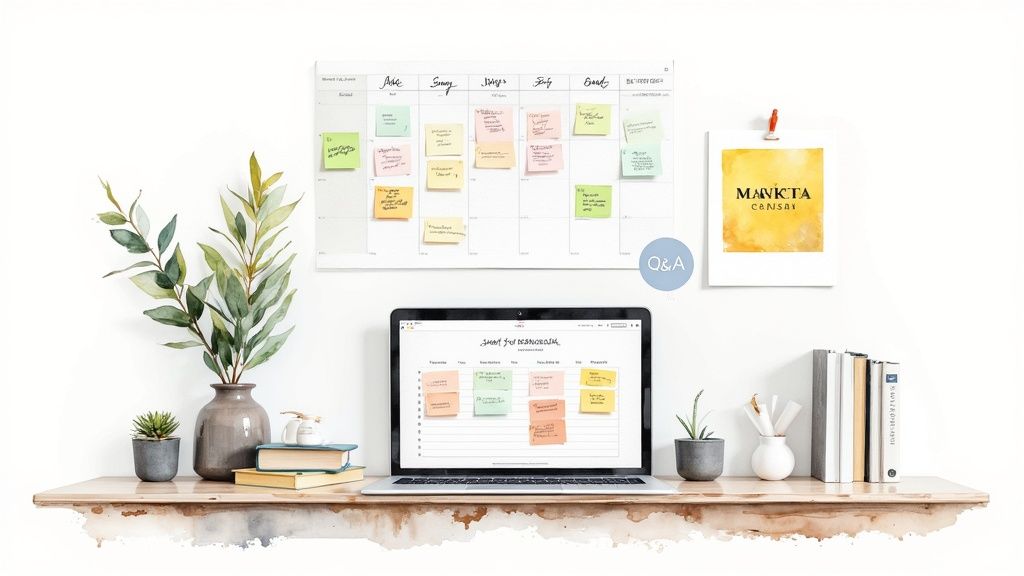 Digitaler Planungs-Workspace mit Laptop, farbcodierten Haftnotizen und Organisationsboards auf einem Holztisch