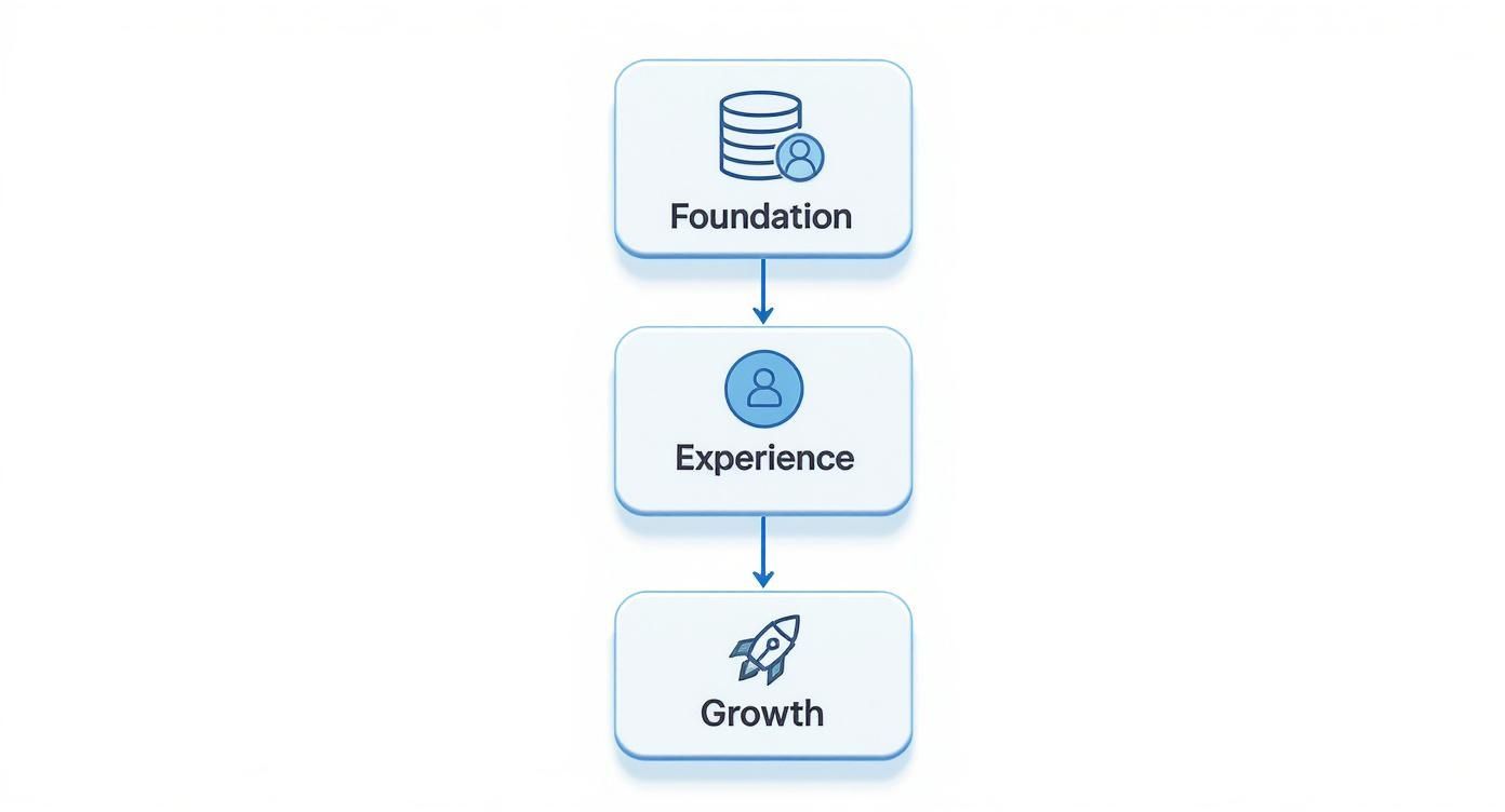 Three-tier vertical flowchart showing progression from Foundation through Experience to Growth with icons